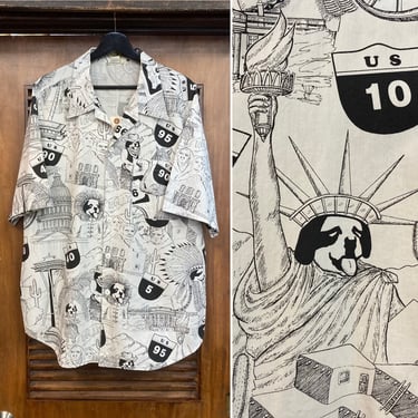 Vintage 1980’s Size XL “Big Dogs” Label Pop Art Americana Cotton Hawaiian Shirt, 80’s Skate Wear, Vintage Clothing 