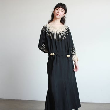 1920s Black Rayon Embellished Drop Waist Dress 