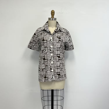 Vintage 60s Op Art Short Sleeve Blouse | Brown and White Collared Shirt | Size Medium 