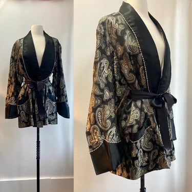 Vintage 60's SMOKING JACKET Robe / Black + Silver + Gold Lurex Paisley / Silk Lapels + Cuffs / Cord Trim  + Lined / Made in Japan / Unisex 