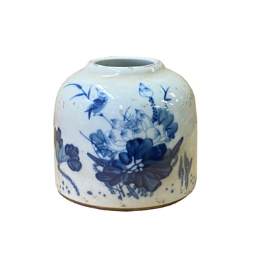 1 x Chinese Blue White Porcelain Fat Base Flowers Graphic Small Vase ws2045E 