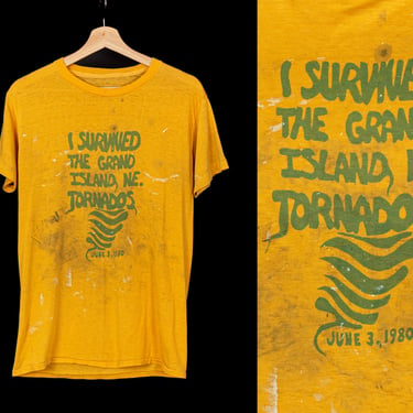 1980 "I Survived The Grand Island Tornados" Distressed Tee - Unisex Medium | Vintage 80s Yellow Burnout Nebraska Graphic T Shirt 