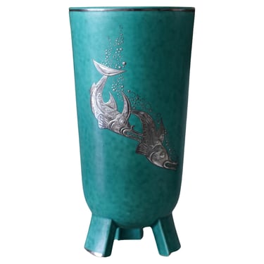 Wilhelm Kåge for Gustavsberg Green Stoneware and Silver Argenta Vase, 1940s