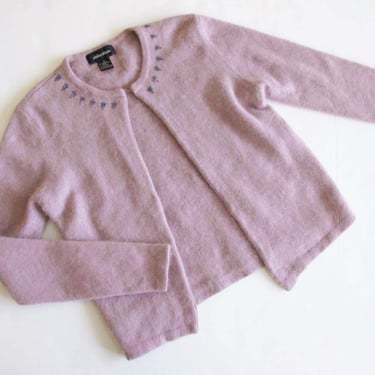 2000s y2k Lavender Purple Angora Cardigan S - Pastel Fuzzy Sweater - Floral Cardigan - Aesthetic Dainty Womens Preppy Sweater 
