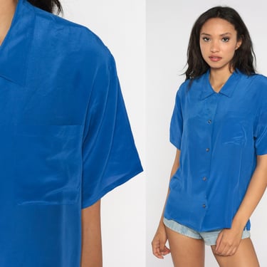 Blue Silk Shirt Button Up Shirt 80s Short Sleeve Blouse Royal Blue Shirt 90s Vintage Retro Plain Preppy Basic Layering Top Small S 