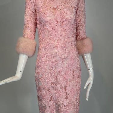 1960s Pink Ribbon Floral Applique on Net Cocktail Dress with Pink Mink Cuffs 2