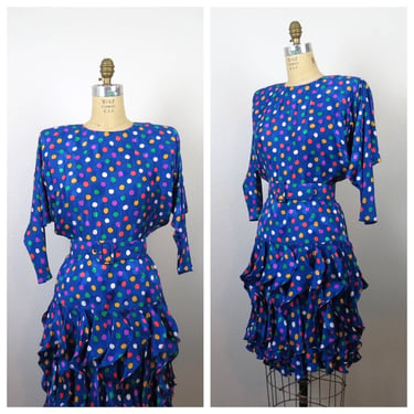 Vintage 1980s silk dress polka dot statement 80s ruffle skirt 