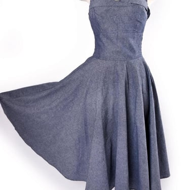 TRASHY DIVA Trixie Dress, Blue Chambray Halter Swing, Full Skirt, Fit & Flare, 1950s, 1940's style Y2k Denim Pinup dress 