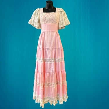 pink lace Mexican wedding dress vintage boho prairie maxi gown small 