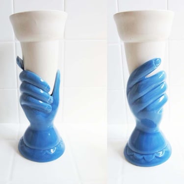 Vintage 80s Post Modern Hand Vase - 1980s Surrealist Torch Cone Flower Holder - Periwinkle Blue Vase - Best Friend Gift 