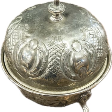Moroccan Sugar Bowl Antique Repousse Silver Footed Bowl with Lid Sucriere Silver Canister Hammered Metal Islamic 