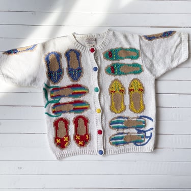 embroidered sweater 90s vintage Susan Bristol shoes novelty art to wear short sleeve cardigan 