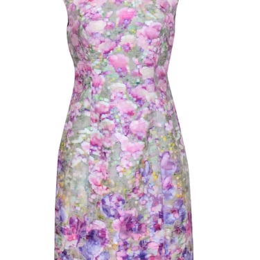 Kay Unger - Green w/ Purple Abstract Floral Print Cap Sleeve Sheath Dress Sz 8
