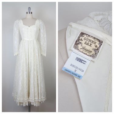 Vintage 1970s Gunne Sax dress size 9 lace maxi wedding victorian revival 