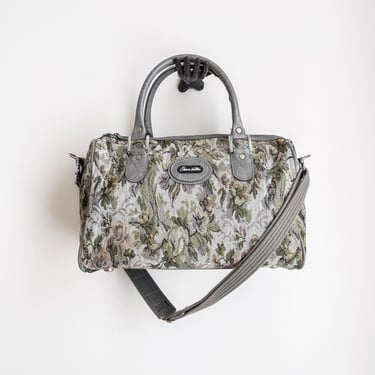 floral tapestry duffel bag 90s vintage cottagecore gray green weekender travel bag 