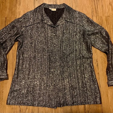 Vintage 70s Metallic Silver Blouse 38-40 Bust Rhinestone buttons 