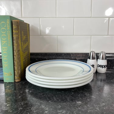Set of 4 Vintage Pyrex Brand Tableware by Corning Blue Band Dinner Plates | Pyrex Blue Stripe Plate #703 | Pyrex 9