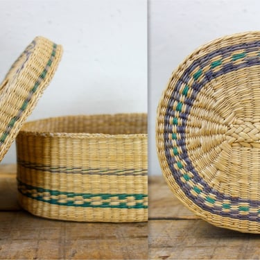 Vintage oval basket with lid, 7 3/4" x 5 3/4" small colorful woven tarot crystal storage, bathroom organizer, stash box, hippie home decor 