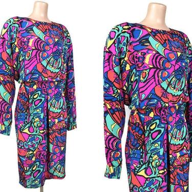 Vintage 80s Butterfly Wing Silk Vivid Colorful Dress By Jacqueline Ferrar Size 16 | 1980s New Wave Bold Statement Dress with Pockets | VFG 
