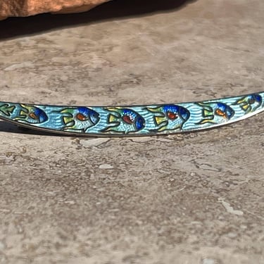 Vintage Sterling Silver and Enamel Crescent Colorful Ocean Blue Fish Brooch / Pin with C Clasp 