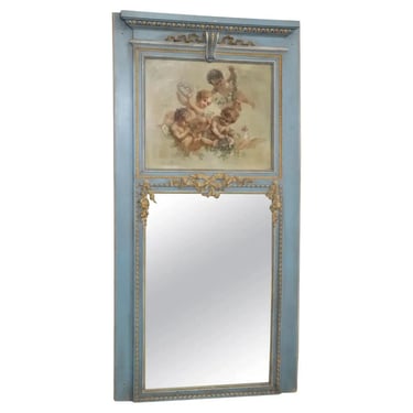 Fine Quality French Blue and White Painted Trumeau Mirror with Oil Painting