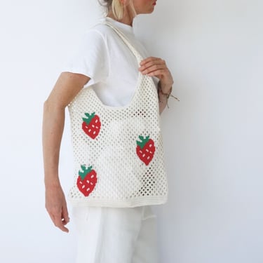 Vintage Strawberries White Crochet Handwoven Bag | Farmer's Market Shoulder Bag | Macrame Bag | Hand Knitted Crochet | Jane Birkin Basket 