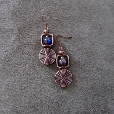 Marbled stone and etched copper earrings 