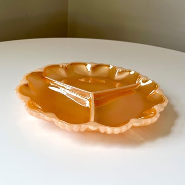 Vintage 1960s Fire King Iridescent Orange/ Peach Glass Divided Relish Tray with Scalloped Edge by Anchor Hocking 