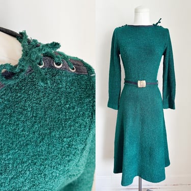 Vintage 1960s Forest Green Boucle Knit Dress / S 