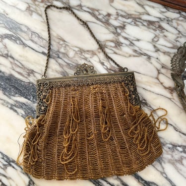 Antique 1920s Glass Honeycomb Beaded Drawstring Handbag 
