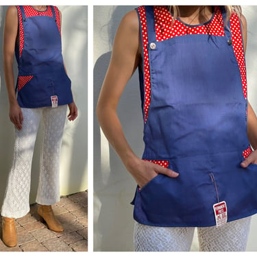 1960s Smock Apron with Pockets / Faux Overalls Bibbed Pinafore Tunic Blouse / Red and blue Polka Dots / Summer Breezy Top / 1960's Apron 