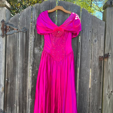 VTG 80s Fuchsia Pink Satin/Lace Dress 