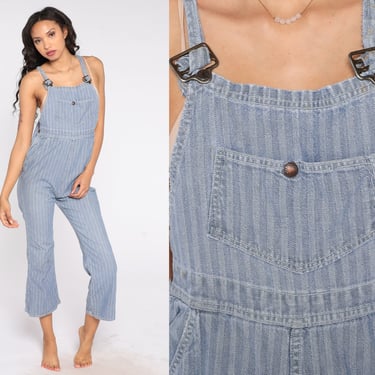 Striped Denim Overalls 80s Bib Overalls Jean Conductor Overalls Workwear Retro Dungarees Long Pants Jumpsuit Vintage 1980s Extra Small XS 