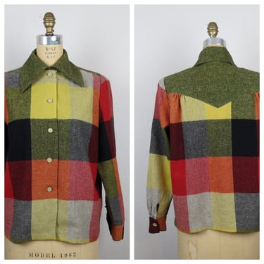 Vintage 1940s wool plaid blouse jacket 49er top shirt shacket buffalo plaid autumn colors dagger collar 