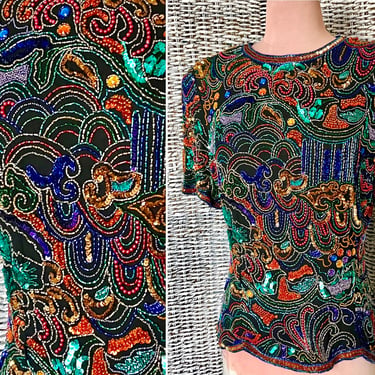FABULOUS Sequin Top, Tapered Fit, Bright Jewel Tones, Beaded, Laurence Kazar, Vintage 80s 90s 