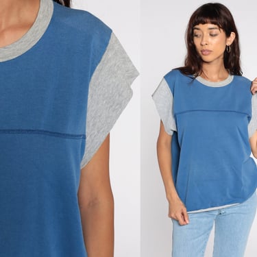 Short Sleeve Sweatshirt Blue Ringer Tee Shirt 80s Plain Shirt Slouchy Sweatshirt 1980s Top Vintage Retro Tee Color Block Grey Medium Large 
