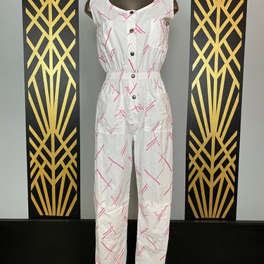 1980s jumpsuit, workwear style, vintage jumpsuit, size small, pink and white cotton, splatter print, casual, ideas, sleeveless, novelty 
