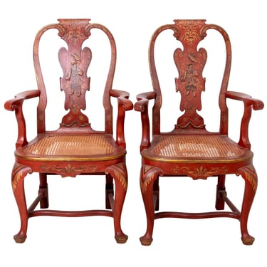 Pair Red Chinoiserie Arm Chairs