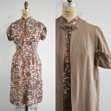 1950s Brown Linen Jacket and Printed Faux Silk Dress Set 