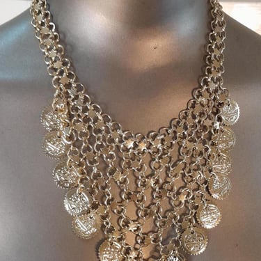 Vintage 70s Chain Mail/Mesh Goldtone  Necklace w/Coins 