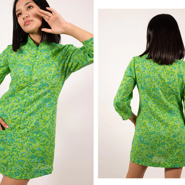 Vintage 1960s 60s Green Vibrant Paisley Psychedelic Mod Long Sleeve Shift Pocket Pinafore Mini Dress 