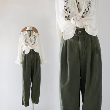 high waist basil trousers - 29.5-32 - vintage womens 90s y2k green high waist pleat front cotton pants size medium 