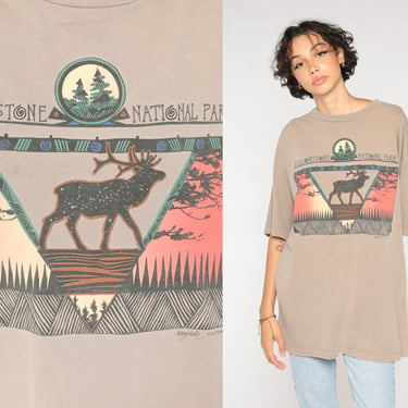 Yellowstone T-Shirt 90s National Park Shirt Celestial Elk Trees Forest Graphic Tee Wyoming Wildlife Animal Tan Vintage 1990s Extra Large xl 