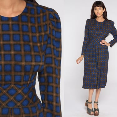 Checkered Midi Dress 80s PUFF Sleeve Dress Blue Plaid Brown Secretary Dress Puffy High Waisted Vintage Pleated Dress Small 