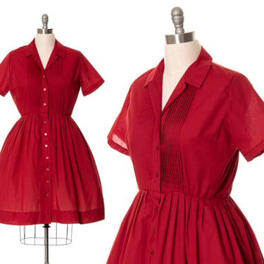 Vintage 1960s Shirt Dress | 60s Burgundy Red Cotton Blend Pintuck Fit and Flare Pleated Full Skirt Shirtwaist Day Dress (large) 