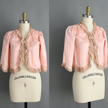 Vintage 1940s Lingerie Bed Jacket | Pink Silk Satin Lace Caplet | Small Medium 