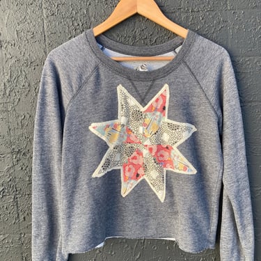 Grey Upcycled Sweatshirt with Quilt Appliqué