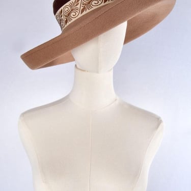 Vintage Wide Brim Felt Women's Hat Beige Brown Bow 1970's, 1980's Fedora 100% Wool USA 