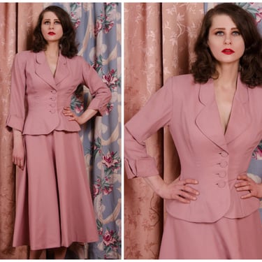 1950s Suit - Crisply Tailored Vintage 50s New Look Fit and Flare Suit in Pink Wool with Interfaced Skirt and Hips 