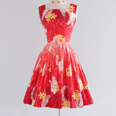 Vintage 1950's Ombre Red Floral Cotton Hawaiian Dress / Small